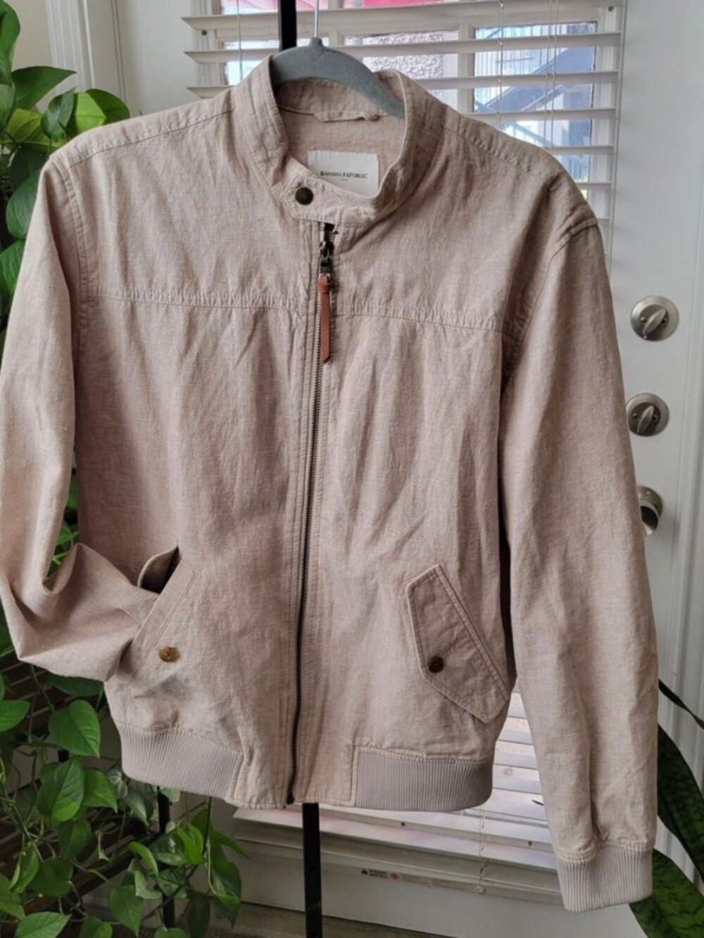 Banana Republic Mens Linen Blend Bomber Jacket Tan Light Grey Full Zip Small